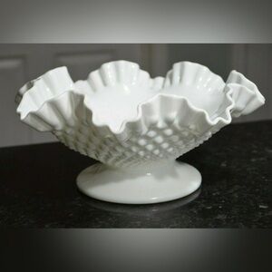 Vintage 1959 Fenton White Milk 8" Glass Hobnail Ruffled Scalloped Compote Bowl